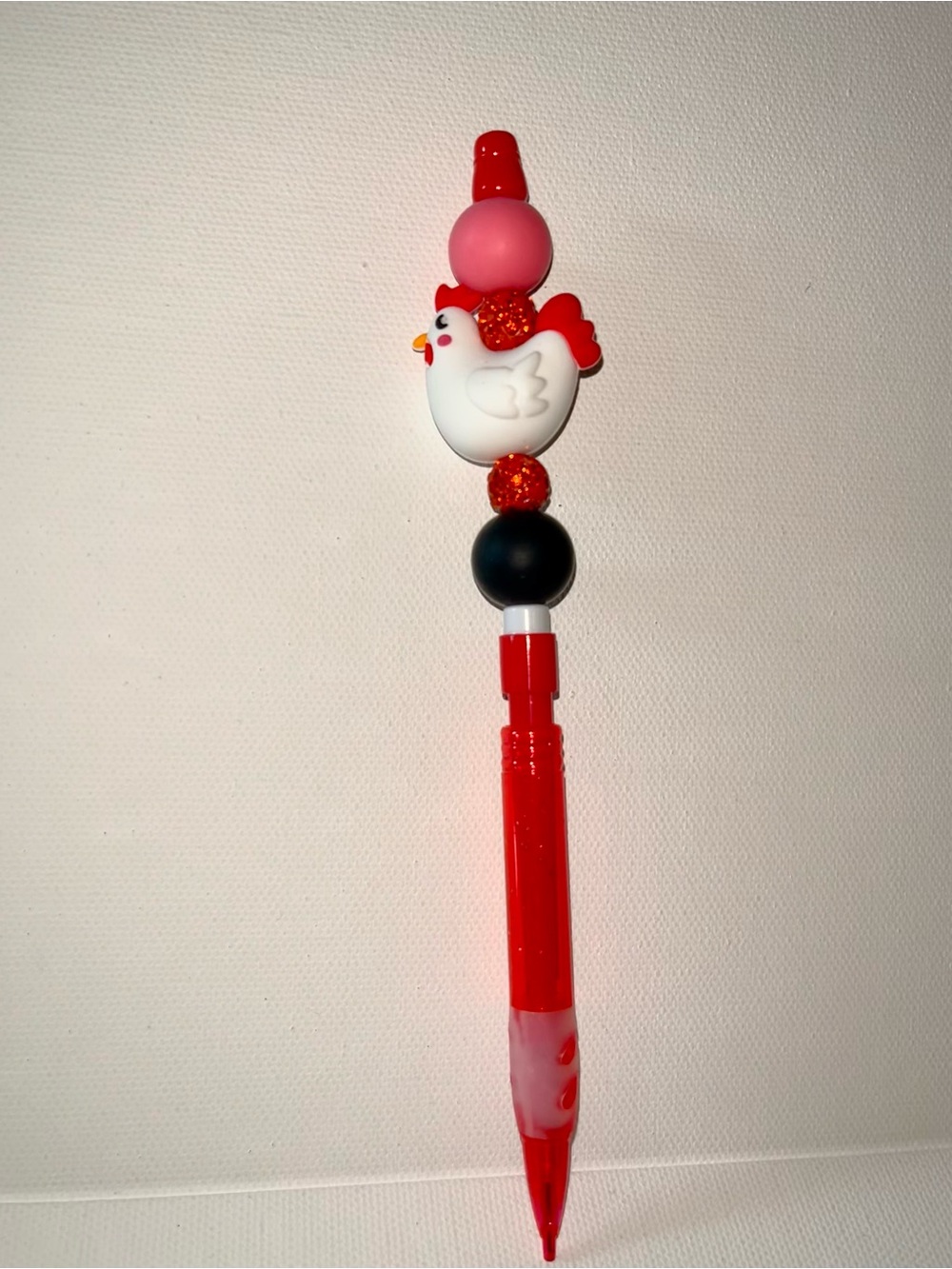 Red Mechanical Pencil w/Chicken Topper & Sparkly Red Rondelle Bead Accents